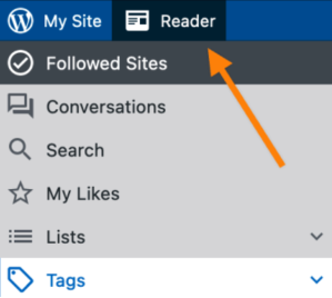 Screenshot showing where the WordPress "Reader" can be found on a WordPress.com dashboard.