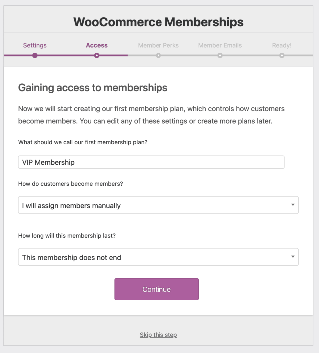 Screen shot of of the WooCommerce Memberships setup wizard for Step 2 Access.