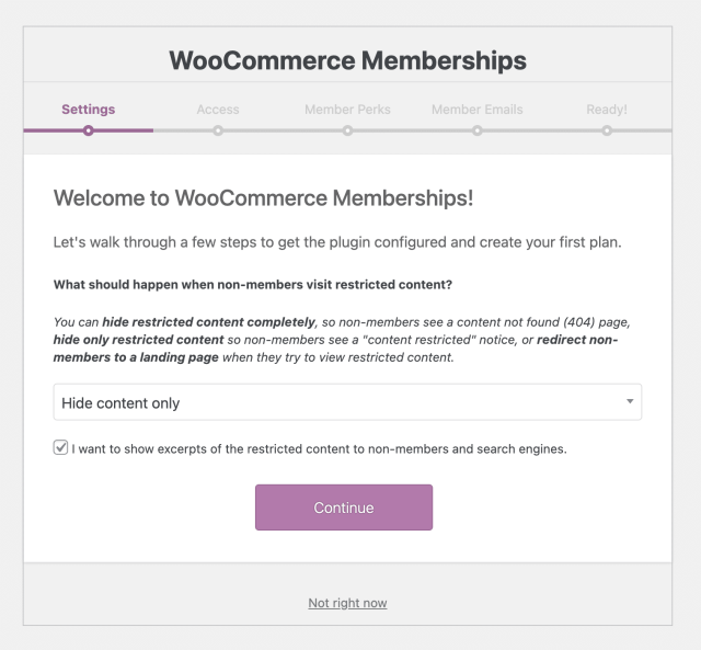 Screen shot of of the WooCommerce Memberships setup wizard for Step 1 Settings.