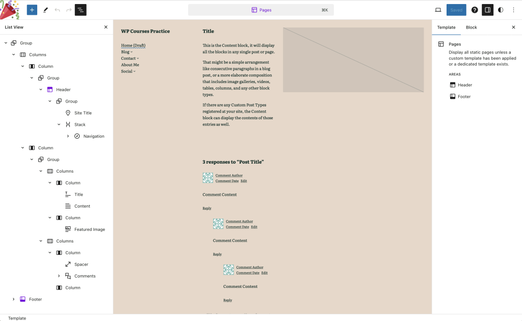 Screenshot of the Pages template for the WordPress Dotcom Pomme theme showing the blocks in the List View.