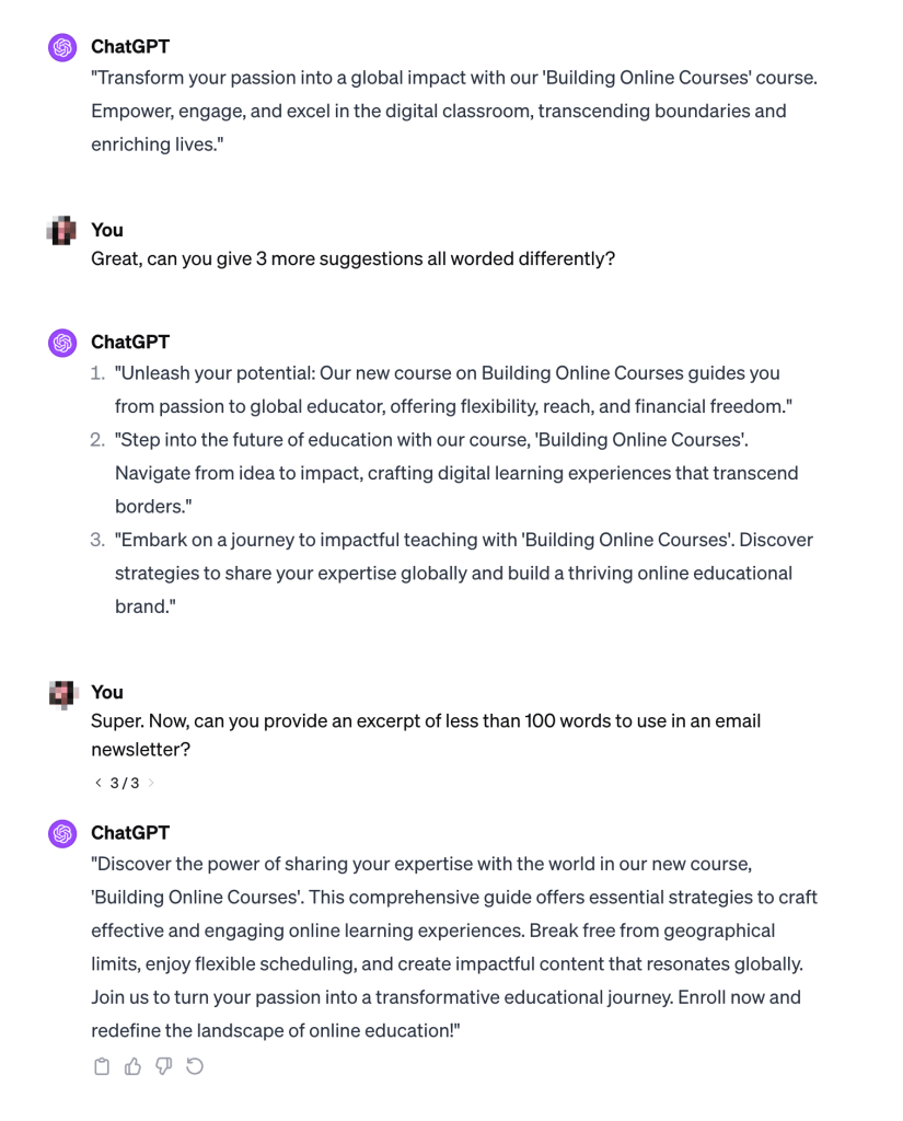 Screenshot of the conversation thread with ChatGPT to adapt content for social media. The text version is in the expandable block below the image.